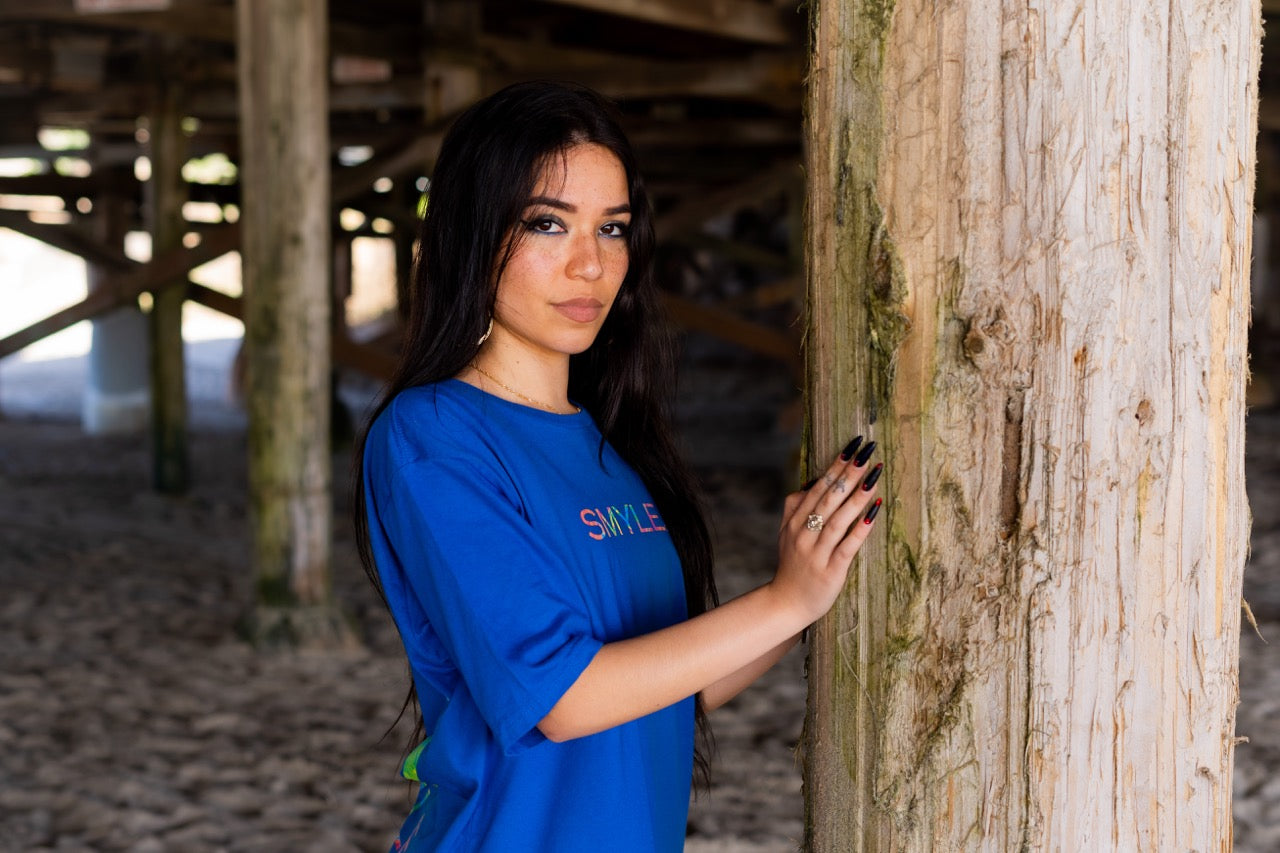 Smyle Blue Tee with our Smyle Rainbow Logo