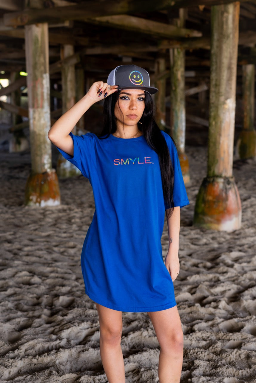 Smyle Blue Tee with our Smyle Rainbow Logo