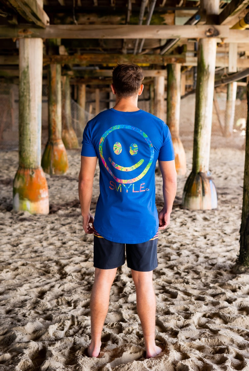 Smyle Blue Tee with our Smyle Rainbow Logo